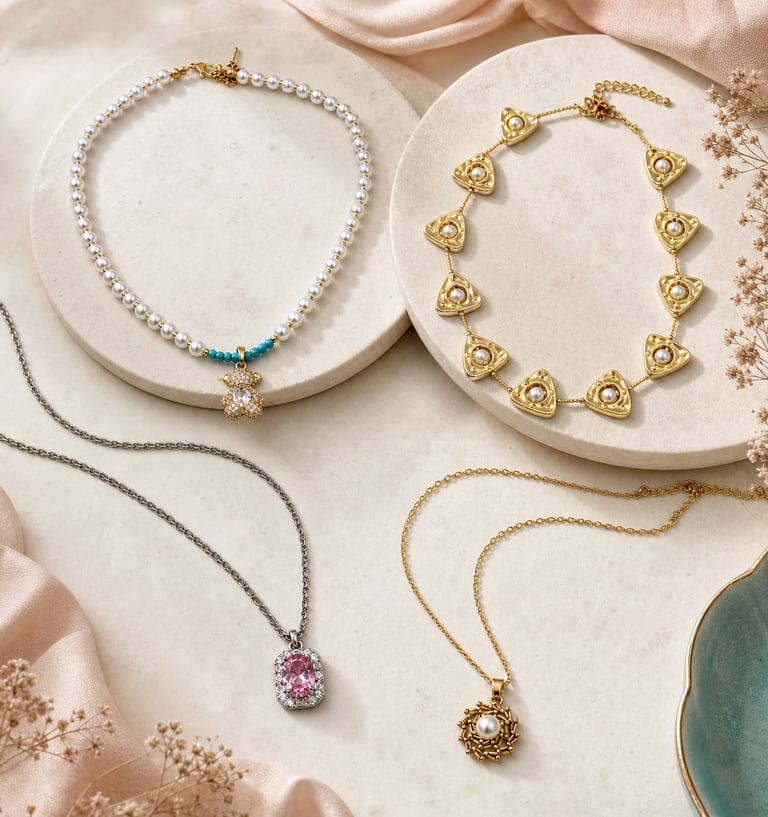 Elegant gold and pearl necklaces with a pink gemstone pendant on a flat lay display.