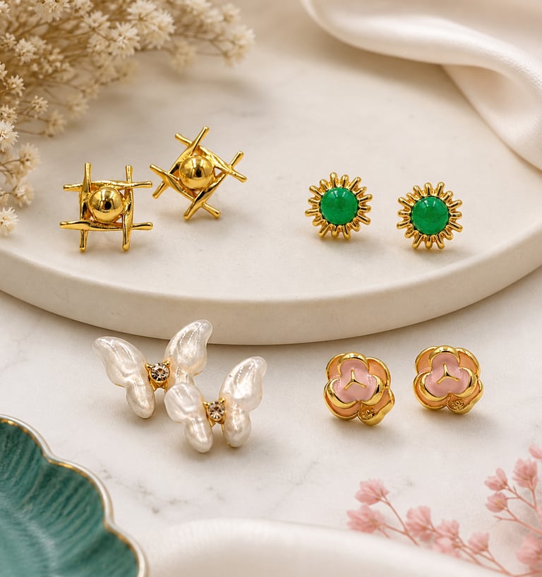 Collection of elegant gold stud earrings including pearl butterflies, green sunbursts, and pink flowers.
