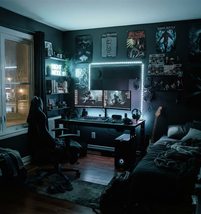 Wide environmental room shot of a moody teen bedroom, deep charcoal walls, a heavy-duty steel desk with dual gaming monitors, cool LED accent lighting, 35mm