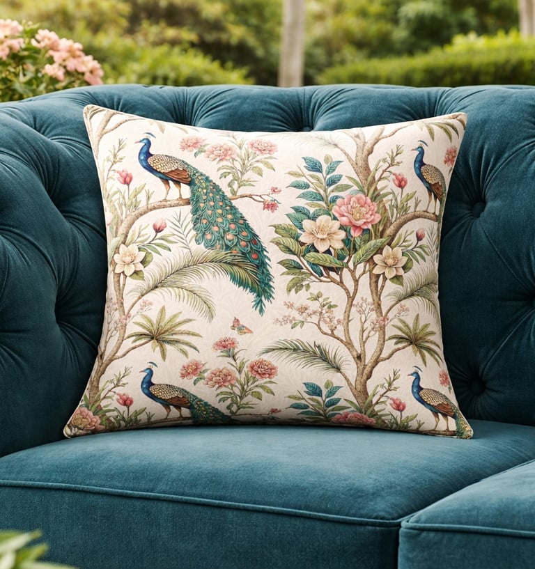 Elegant peacock and floral print decorative throw pillow on a tufted teal velvet sofa.