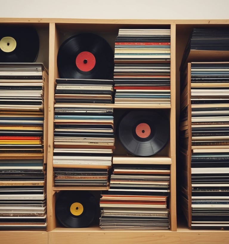 a wooden record player's record album shelf with record records