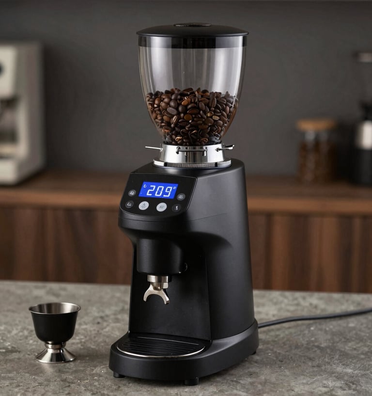 Black electric burr coffee grinder with digital display, large bean hopper, and portafilter holder.