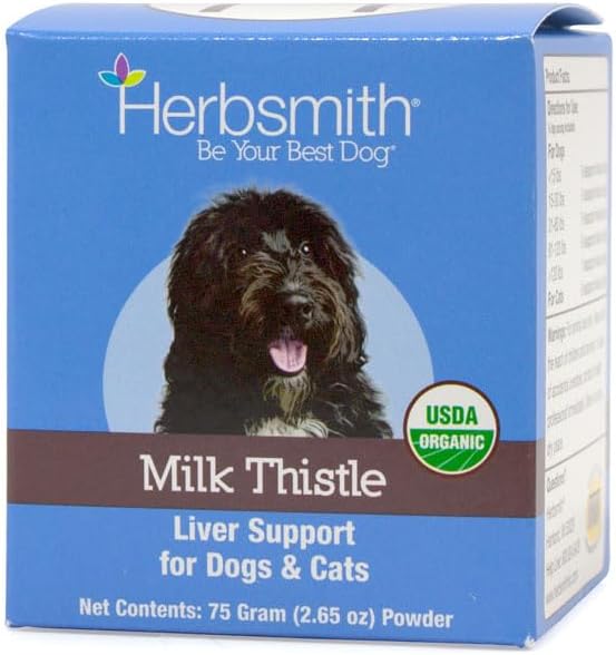 Herbsmith Milk Thistle organic liver support powder for dogs and cats in a blue box.