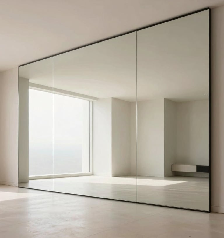 Un miroir grande dimension sans cadre posé sur un mur complet pour doubler visuellement la surface d