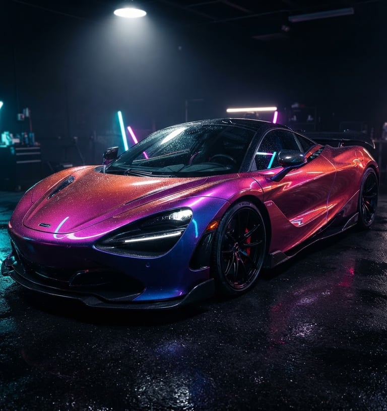 Dramatic three-quarter view of a sports car with a vibrant color-shift liquid wrap, high-contrast studio lighting, deep shadows, neon light reflections on the body panels, 50mm.