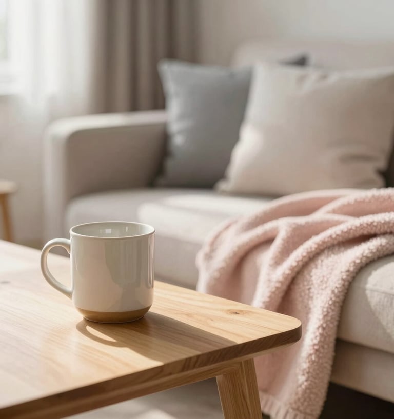 A cozy and peaceful scene in a modern North American / Global living room bathed in soft morning daylight. A ceramic mug rests on a light wooden table next to a soft blush pink cozy blanket and a soft slate grey pillow on a comfortable chair. The composition is clean, warm, and inviting, creating a sense of calm and accessibility for readers living with chronic conditions.