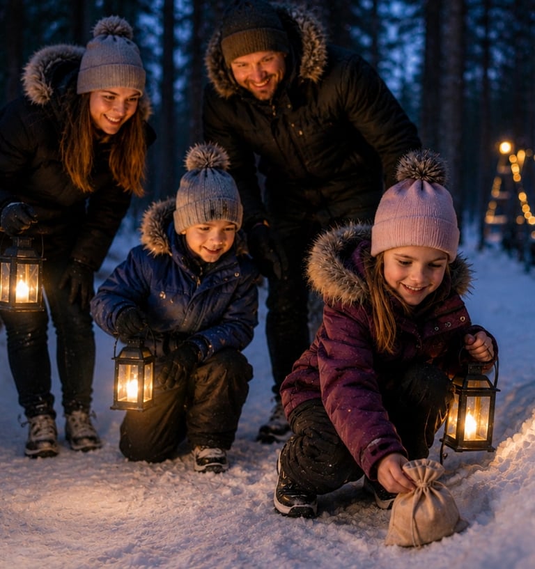 Family enjoying a Forest Elf Treasure Hunt, one of the most magical family activities in Rovaniemi, Finnish Lapland.