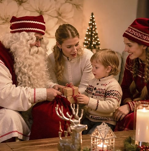 Santa Claus is presenting a Christmas gift to a child during a private Santa visit at a family accommodation in Rovaniemi.