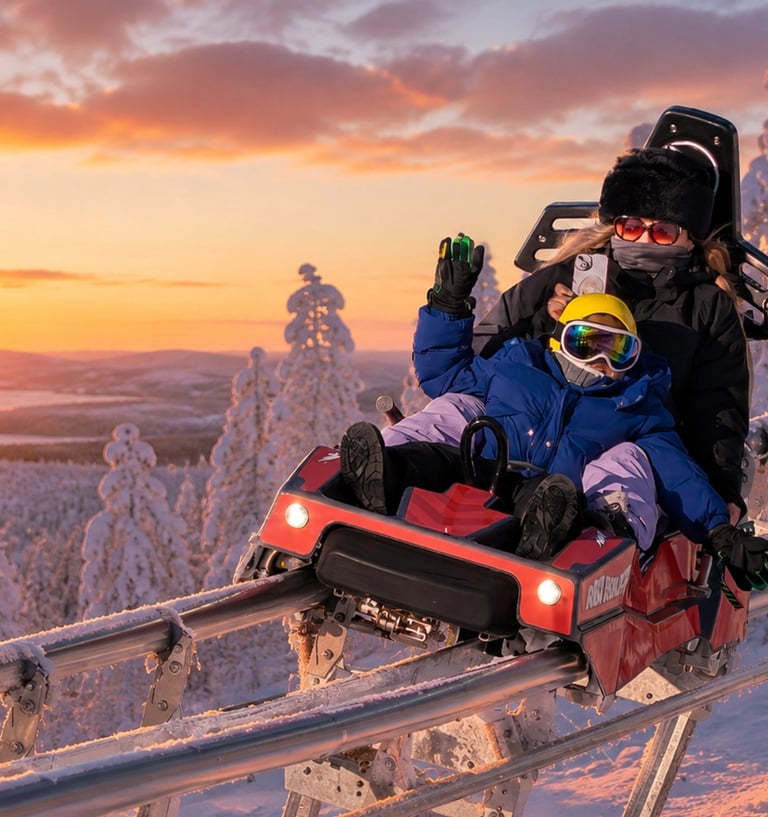 Guests riding the Ruka Coaster through a snowy winter landscape in Ruka, Finnish Lapland.