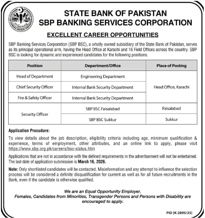 State Bank of Pakistan SBP BSC Jobs 2026 – Security, Engineering vacancies