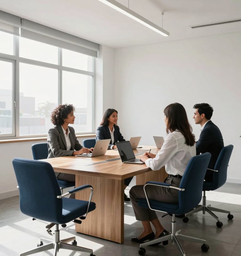 A clean, modern South African boardroom setting with white walls and dark blue chairs. Sunlight streams through large windows, illuminating a collaborative professional workspace.