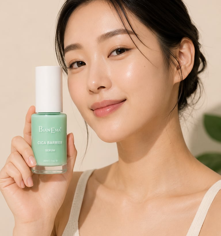 A woman with glowing skin holding a bottle of BianEma Cica Barrier Serum for Korean skincare.