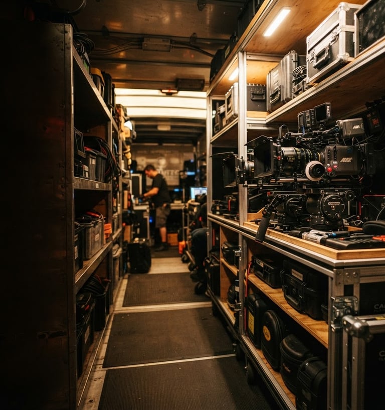 Wide shot of organized high-end camera rigs and grip equipment inside a modern, well-lit production truck bay, cinematic film photography, high-contrast natural light, industrial grit, deep shadows with warm highlights, 35mm lens, subject slightly off-center to the right, with ample negative space on the left