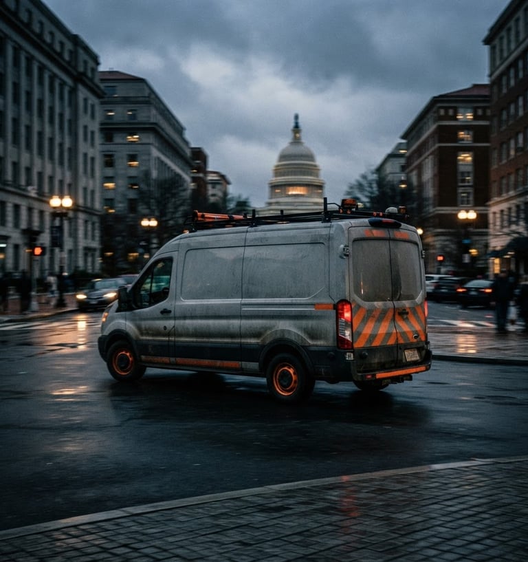 industrial editorial photograph of a branded Borrowed Time Enterprises Inc transport van speeding through a Washington DC urban street at twilight, high-contrast, desaturated tones with safety-orange accents, sharp focus, 35mm lens, vehicle slightly off-center to the left, city lights streaking in background