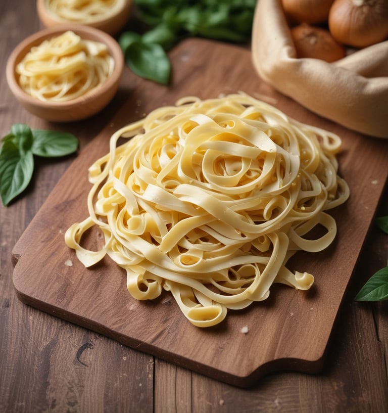 Close-up photo of fresh tagliatelle pasta on a wooden board