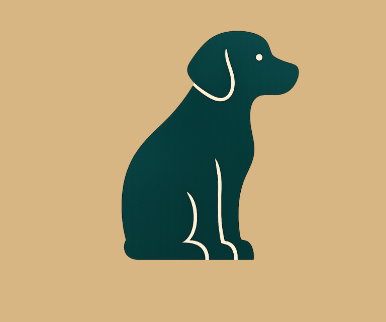 Minimalist dark green dog icon of a sitting puppy on a tan background.