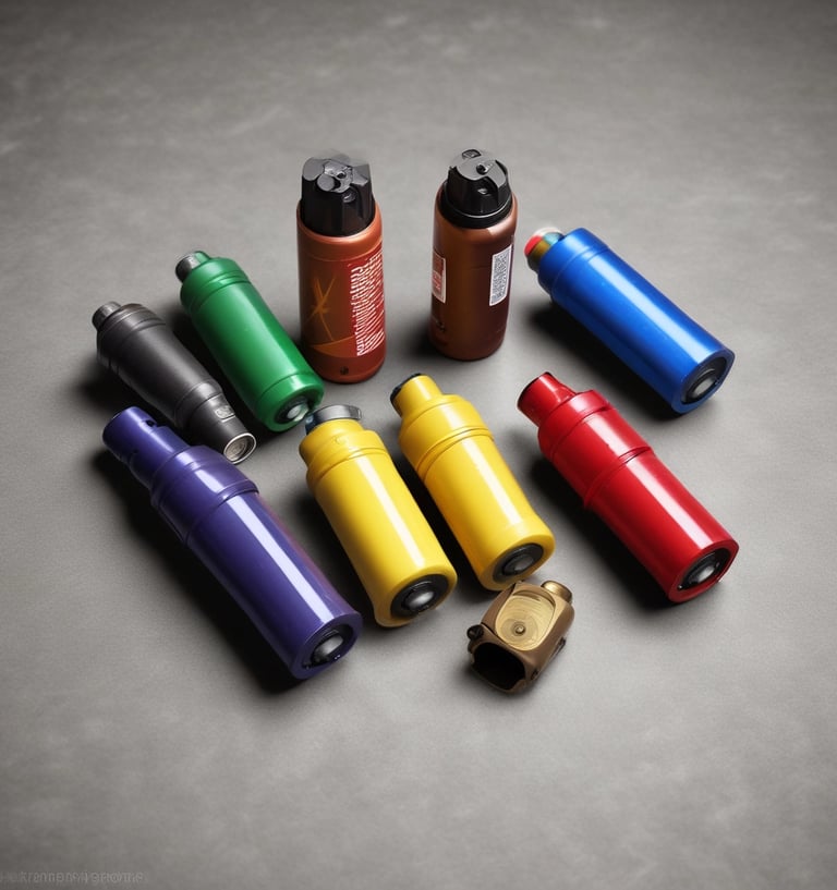A neatly arranged women's safety kit including pepper spray, whistle, and first aid items on a soft pink background.