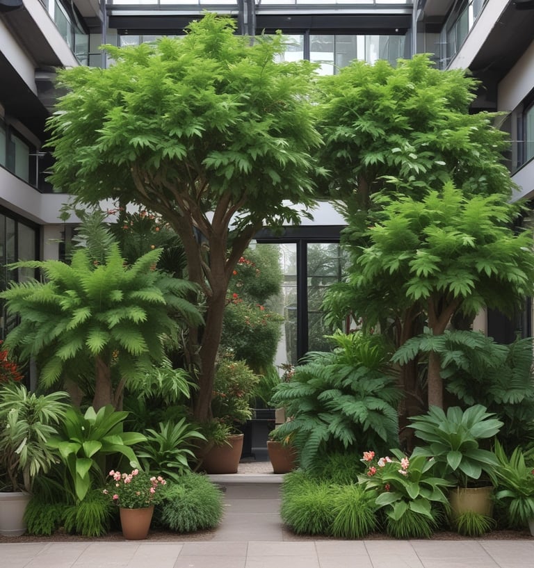 A variety of colorful ceramic and terracotta pots arranged on wooden shelves.