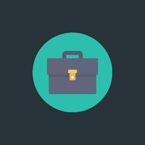 A briefcase with a gold buckle is imposed in a teal circle.
