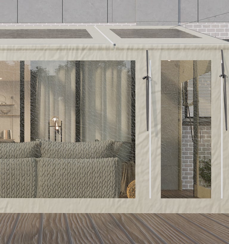 PVCFAB Aluminium pergola with heavy duty roll up all weather PVC covers and curtains and pvc roof