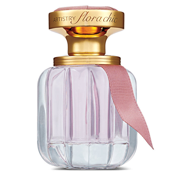 a perfume bottle with a pink ribbon around it