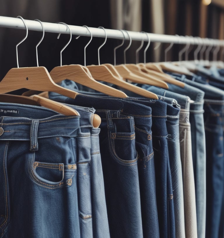 A collection of denim pants displayed neatly.