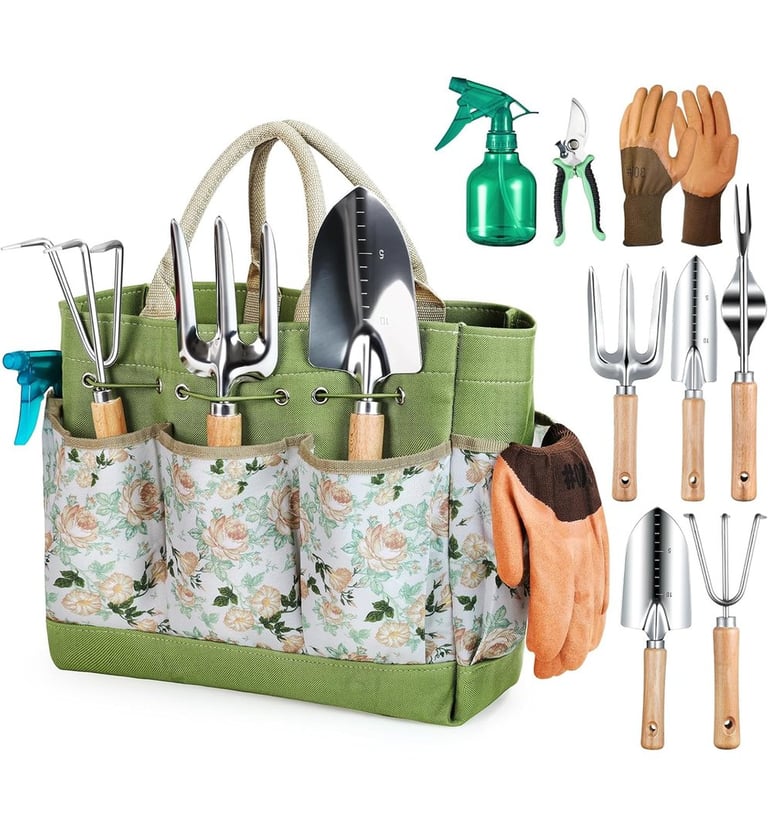 a garden tool kit with gardening tools and a bag