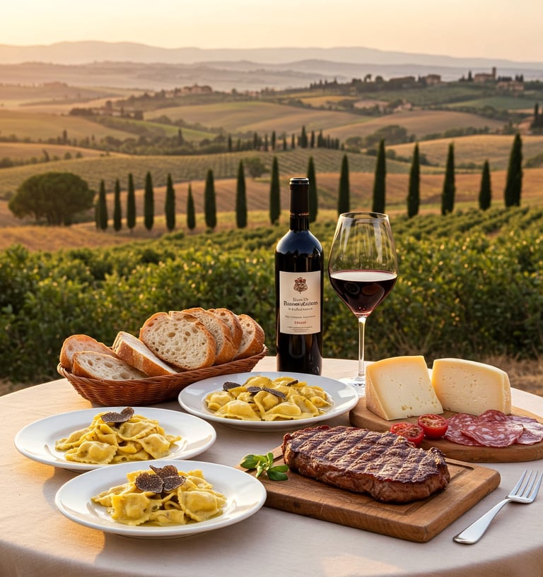 wine tasting, Italian food, brunello Montalcino, pasta, truffle
