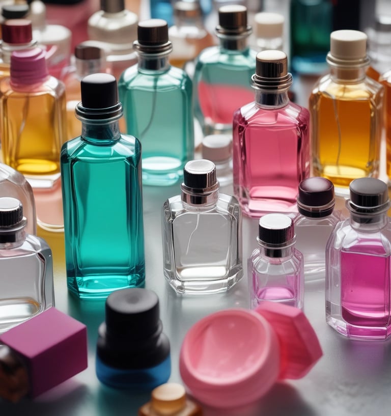A collection of personal care items and accessories arranged on a table. There are several colorful bottles, including pink, blue, and teal perfumes, positioned on a multicolored woven mat. A glass diffuser with reeds is also visible. To the side, a small striped dish holds a gold watch and a decorative item. A large green leaf partially frames the scene.