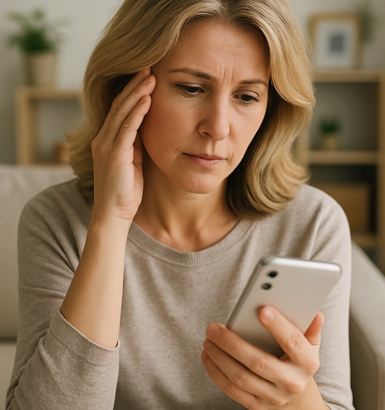 a woman in her forties looks at a smart phone worriedly