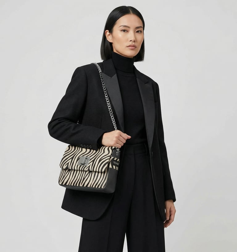 Woman in a black blazer modeling a zebra print crossbody bag with a silver chain strap.