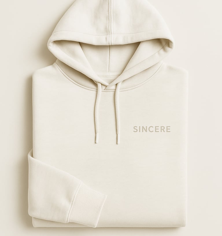 Minimalist off-white hoodie flat lay with the word SINCERE printed in small, light sans-serif font o