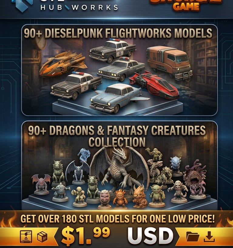 Collection of 3D printable dieselpunk flightworks vehicles and fantasy dragon STL models for tabletop gaming.