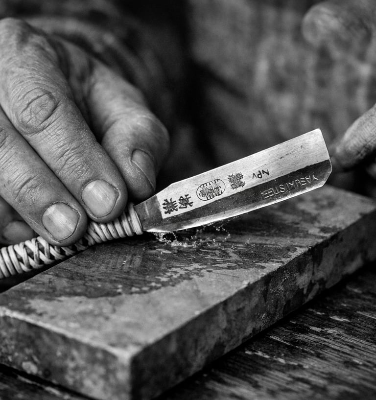 Black and white close-up of a Japanese straight razor being sharpened on a traditional whetstone.