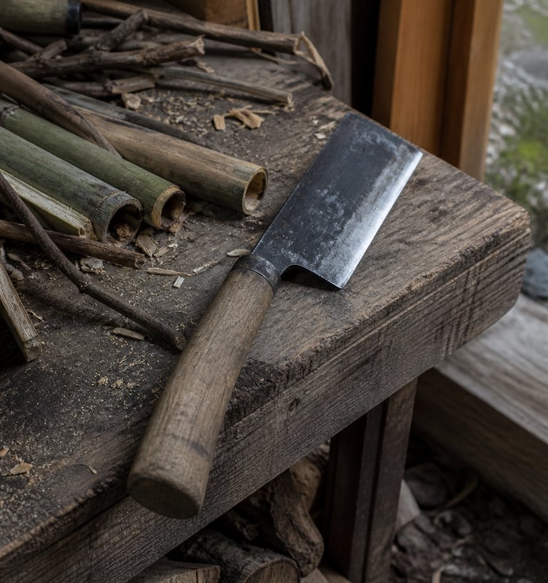 Traditional Japanese woodworking knife and cut bamboo stalks on a rustic wooden workbench.