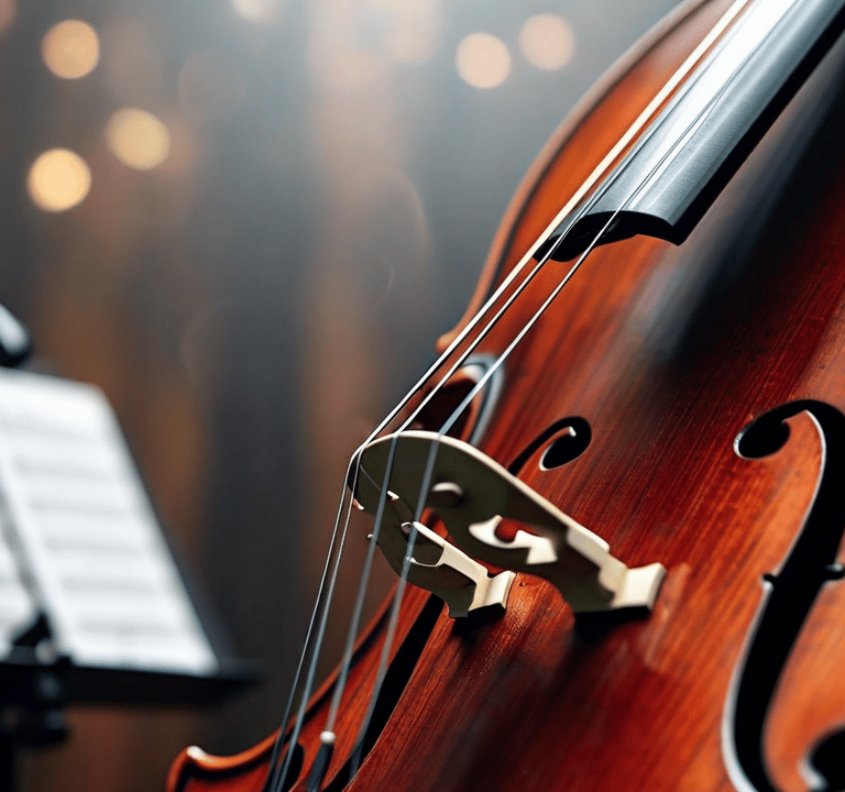 Close up of a cello with a concert hall in the background