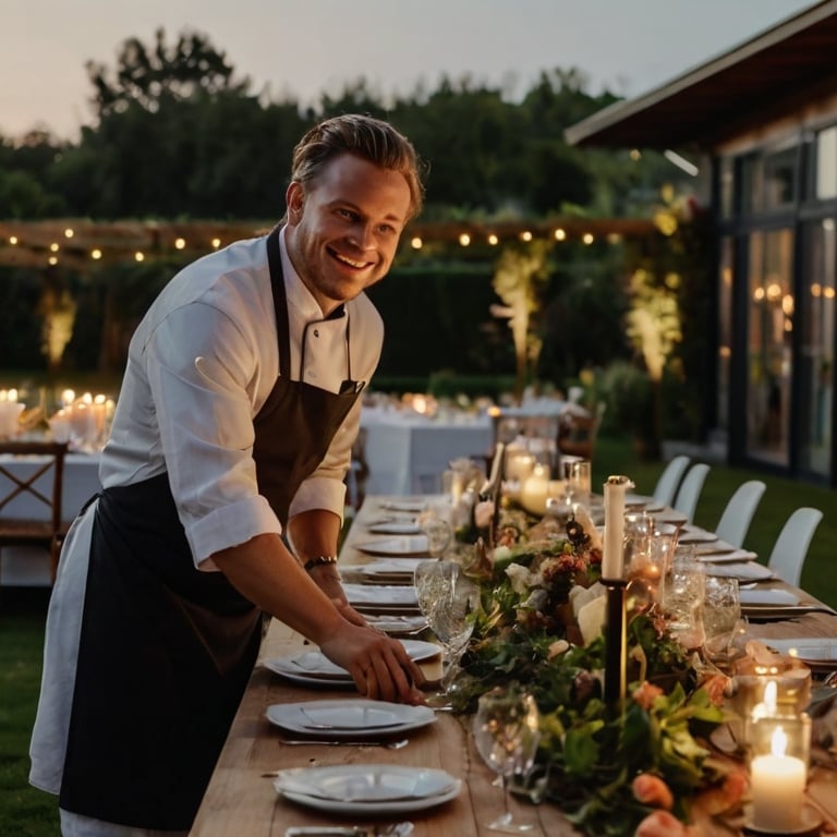 un traiteur dressant les plats lors d'un mariage en extérieur