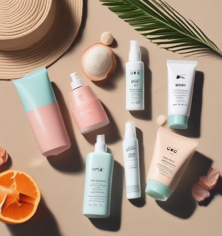 A vibrant display of beauty products including skincare and makeup.