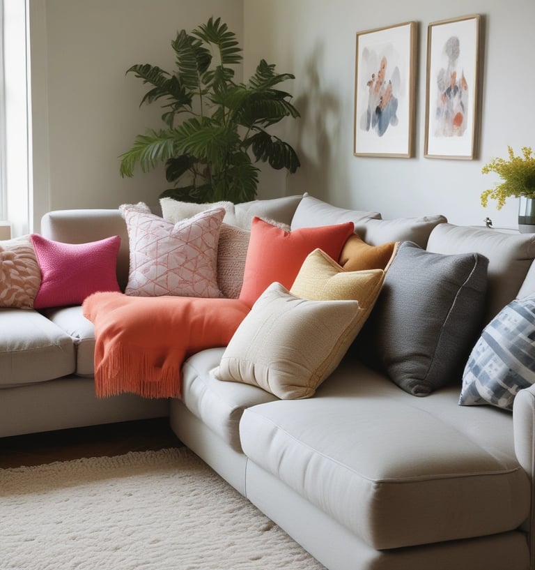 a bed topped with lots of pillows and blankets