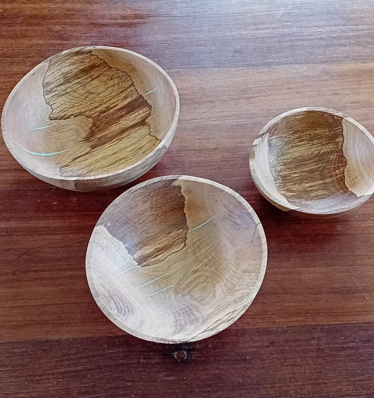3 oak bowls turned while green and now warped into ovals