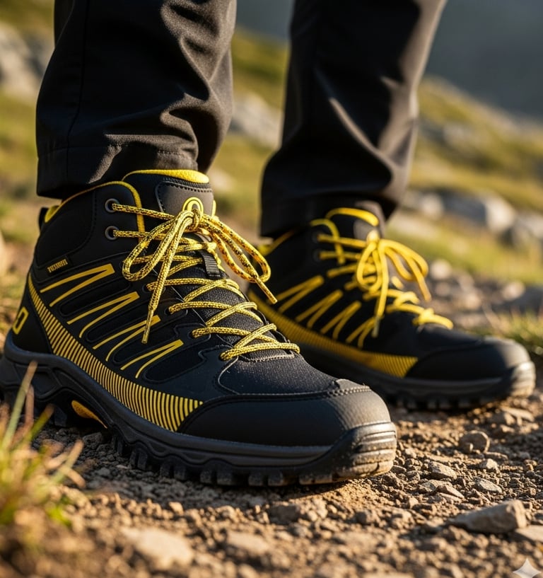 a person wearing black and yellow hiking shoes with yellow laces