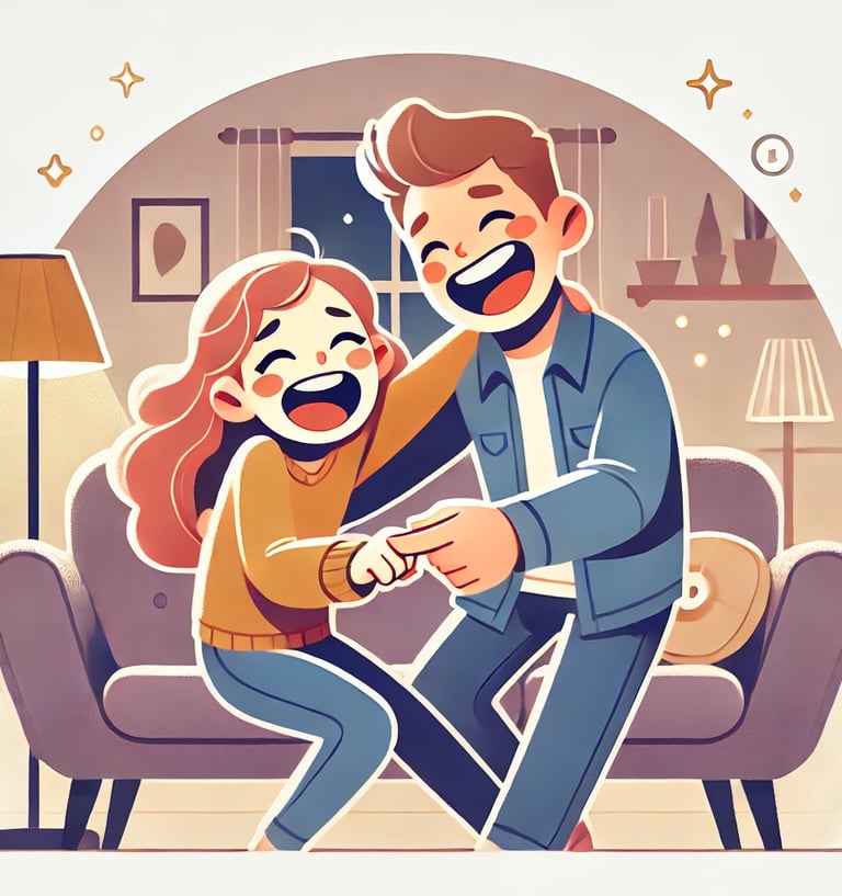 A fun and playful cartoon-style illustration of a couple laughing together while dancing in their living room, representing c