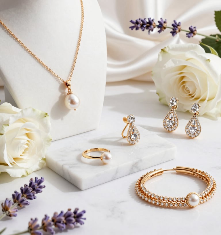 Close-up of elegant gold and purple minimalist jewelry pieces on a white background