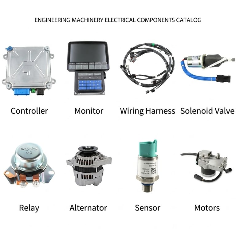 Engineering machinery electrical components catalog featuring a controller, monitor, wiring harness, and alternator.