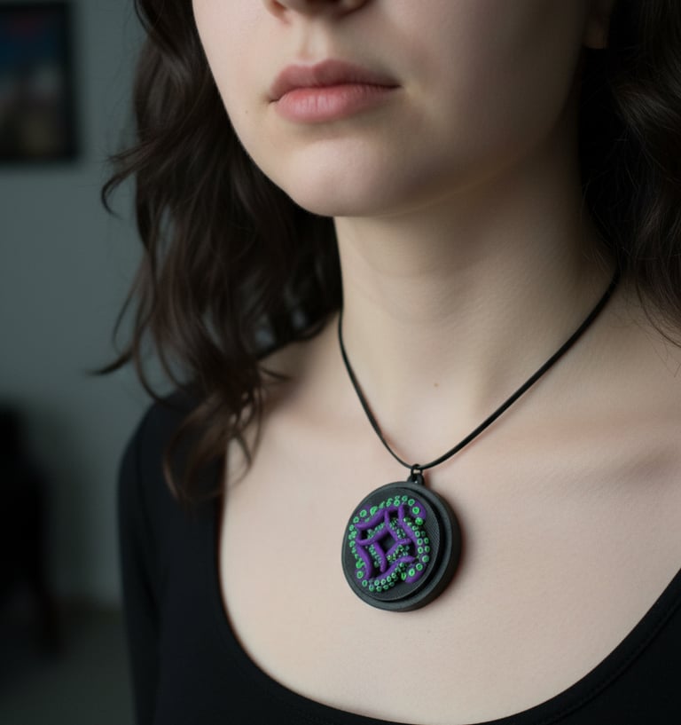 locket with green and purple tentacles with mini Cthulhu figurine inside