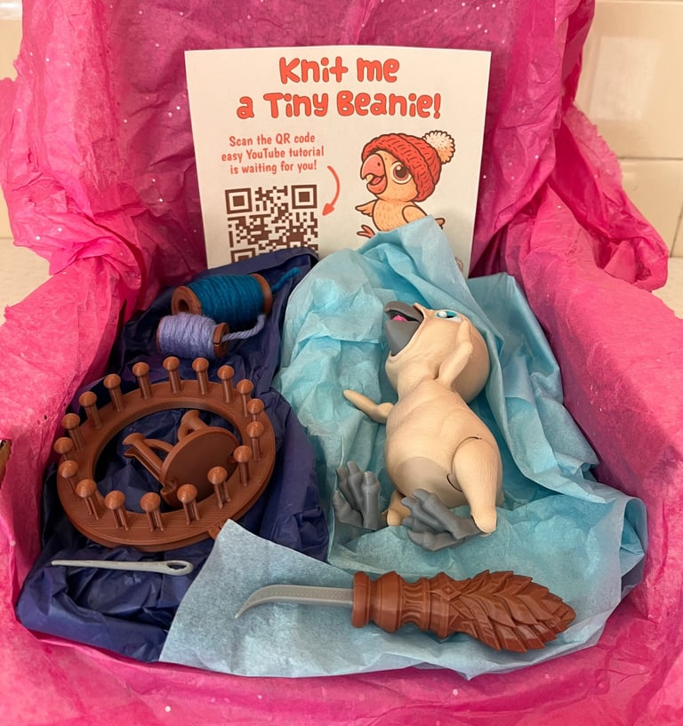 Baby parrot with 'knit your own' bobble hat, knitting loom, needle, wool and knitting hook