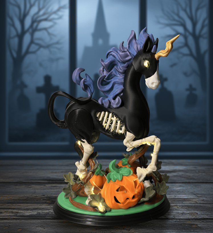 a black and white statue of a unicorn with pumpkins and lights in ribcage