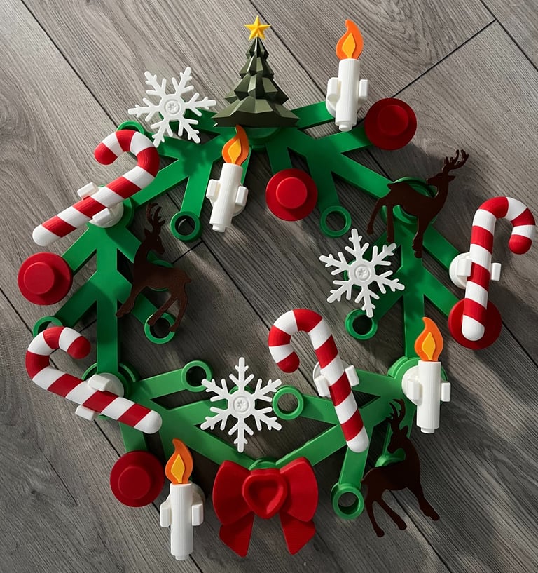 Giant 'Lego' Christmas wreath featuring Christmas tree, candy canes, reindeer, candles, holly, bow