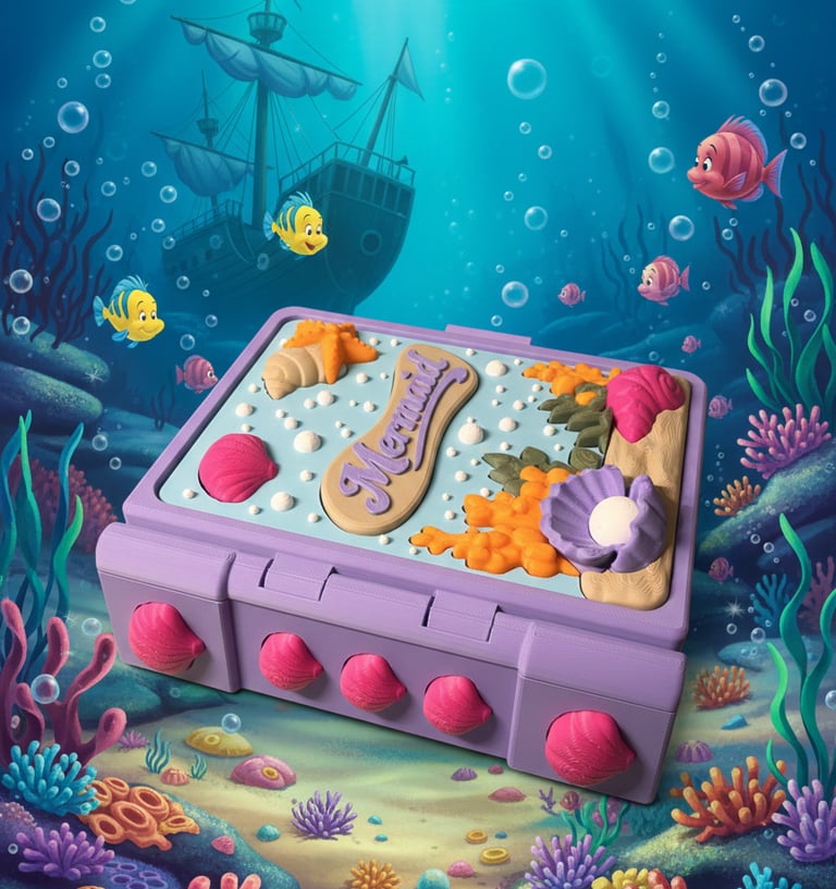 Mermaid book with closable 'latch' incasing a mermaid, crab, fish, trident, mirror and sea shell