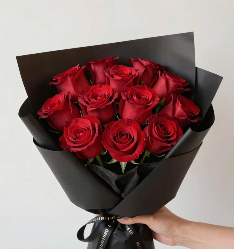 A close-up of vibrant red roses with dewdrops on the petals.